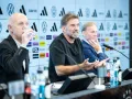 Jürgen Klopp speaks at his first press conference as Germany head coach, DFB logo visible behind him
