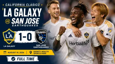 LA Galaxy players celebrate their 1-0 win over San Jose Earthquakes in the 2026 California Clasico