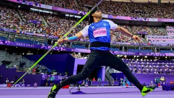 Neeraj Chopra prepares to compete in the men's javelin throw final at the Commonwealth Games 2026 in Glasgow after qualifying fifth, with Arshad Nadeem and Rumesh Tharanga Pathirage also in the field.